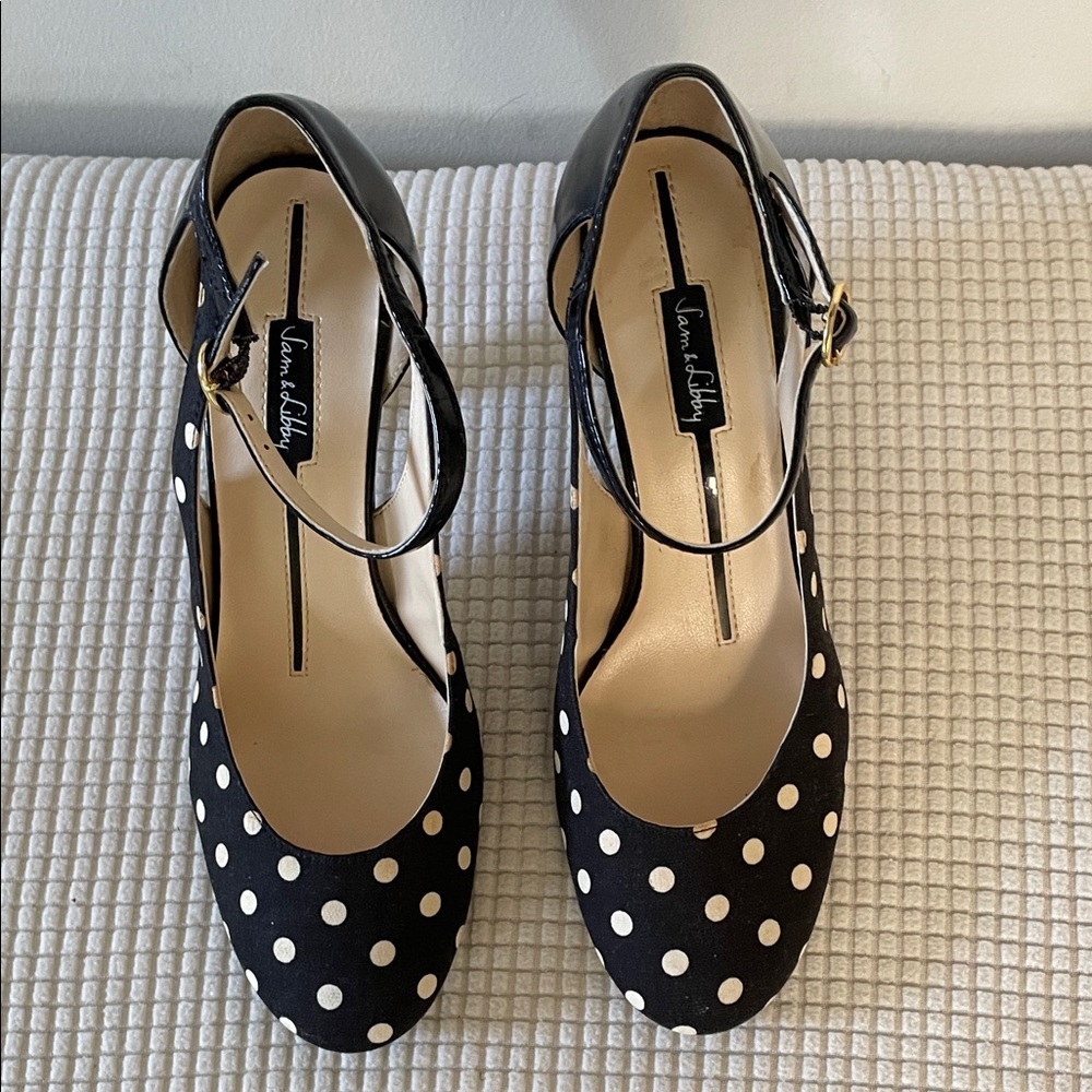 Sam & Libby Black and White Polka Dot Ankle-Strap Pumps Size 7